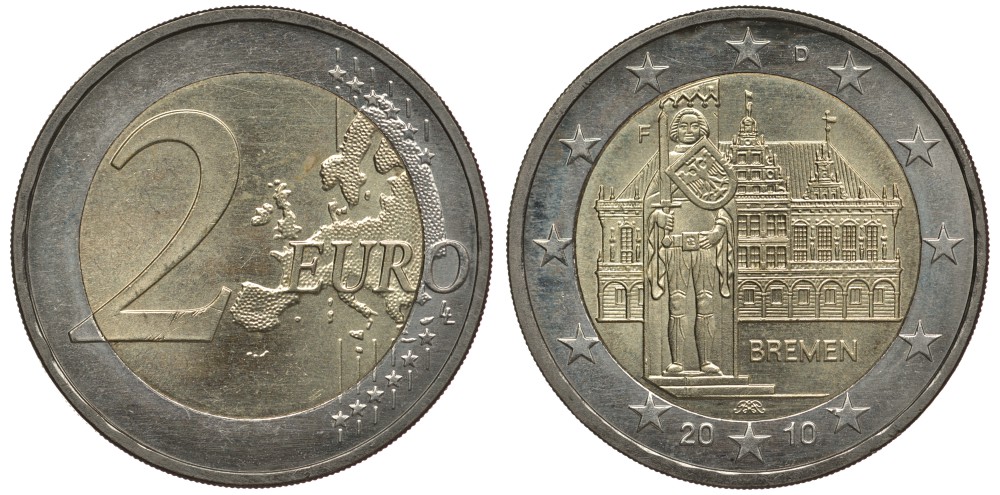 ФРГ 2 евро 2010 F, Бремен, городская ратуша и Роланд, серия Федеральные земли Германии KM 285 биметалл 3856-715