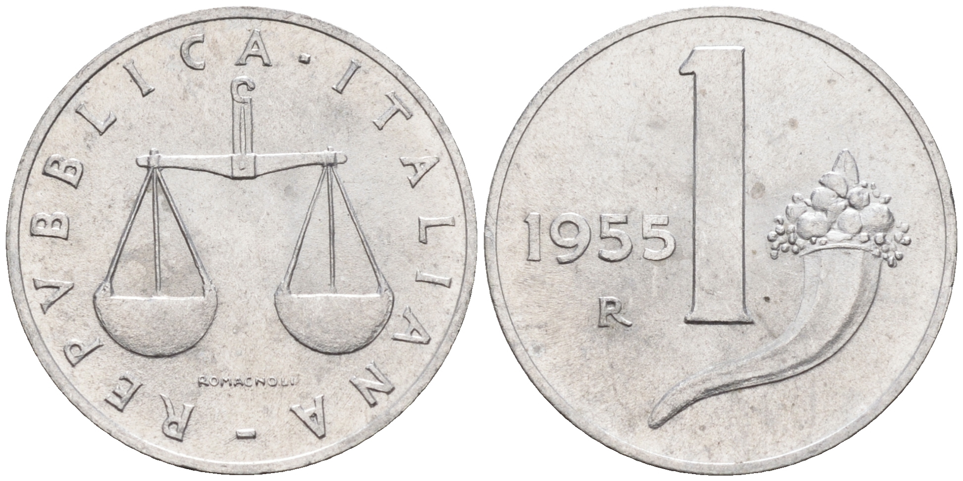 Италия 1 лира 1955 R, весы KM 91 алюминий  UNC  4594-745
