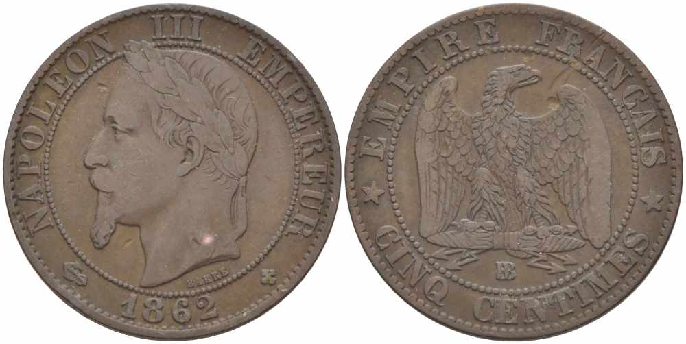 ФРАНЦИЯ 5 САНТИМОВ 1862 BB, НАПОЛЕОН III (1852-1870) KM 797.2, LE FRANC 117.6 бронза 108-533