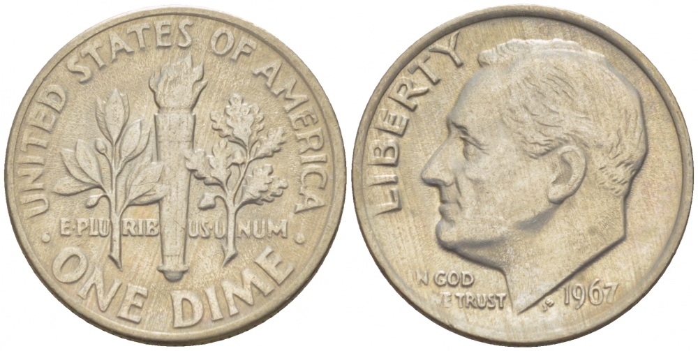 США 10 центов (дайм) 1967 Рузвельт KM 195a медь плакированная медно-никелем 214-714