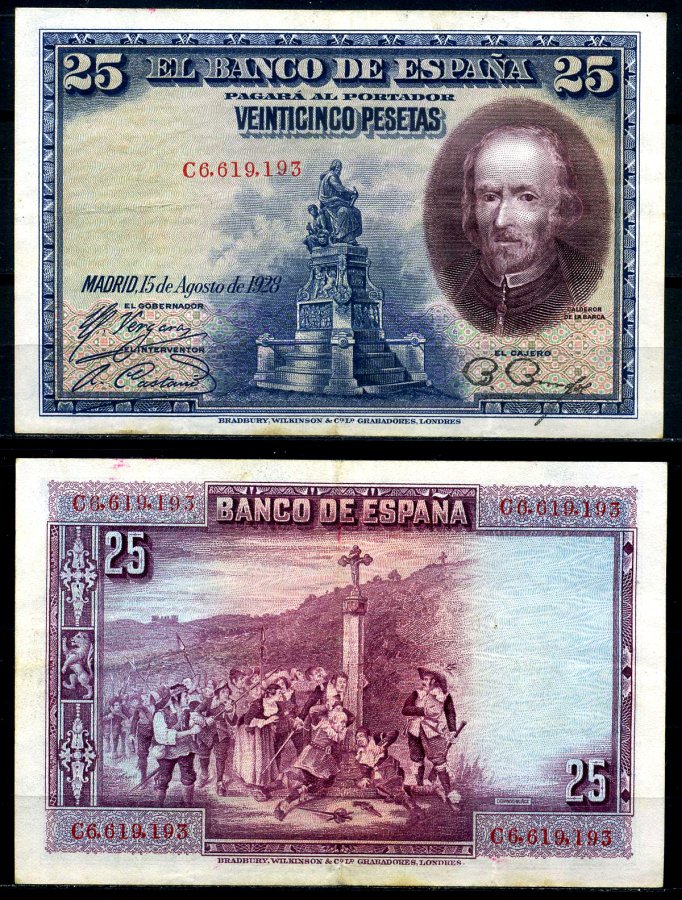 Испания 25 песет 1928 серия, Пьедро Кальдерон де ла Барка Pick 74b бумага 7203-52-2-2