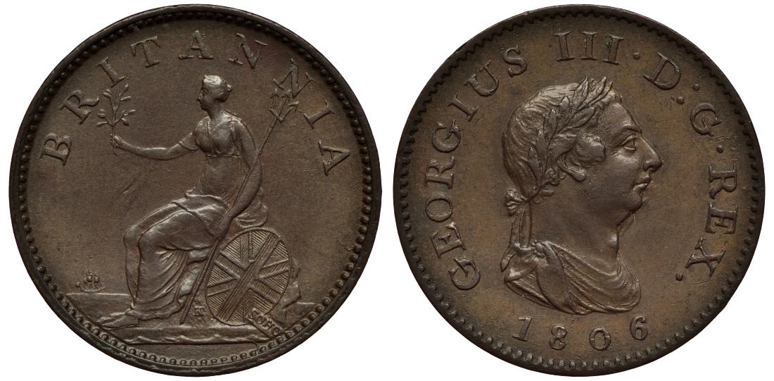 Великобритания 1 фартинг 1806 Георг III (1760-1820) KM 661, Spink 3782 медь 1523-1014