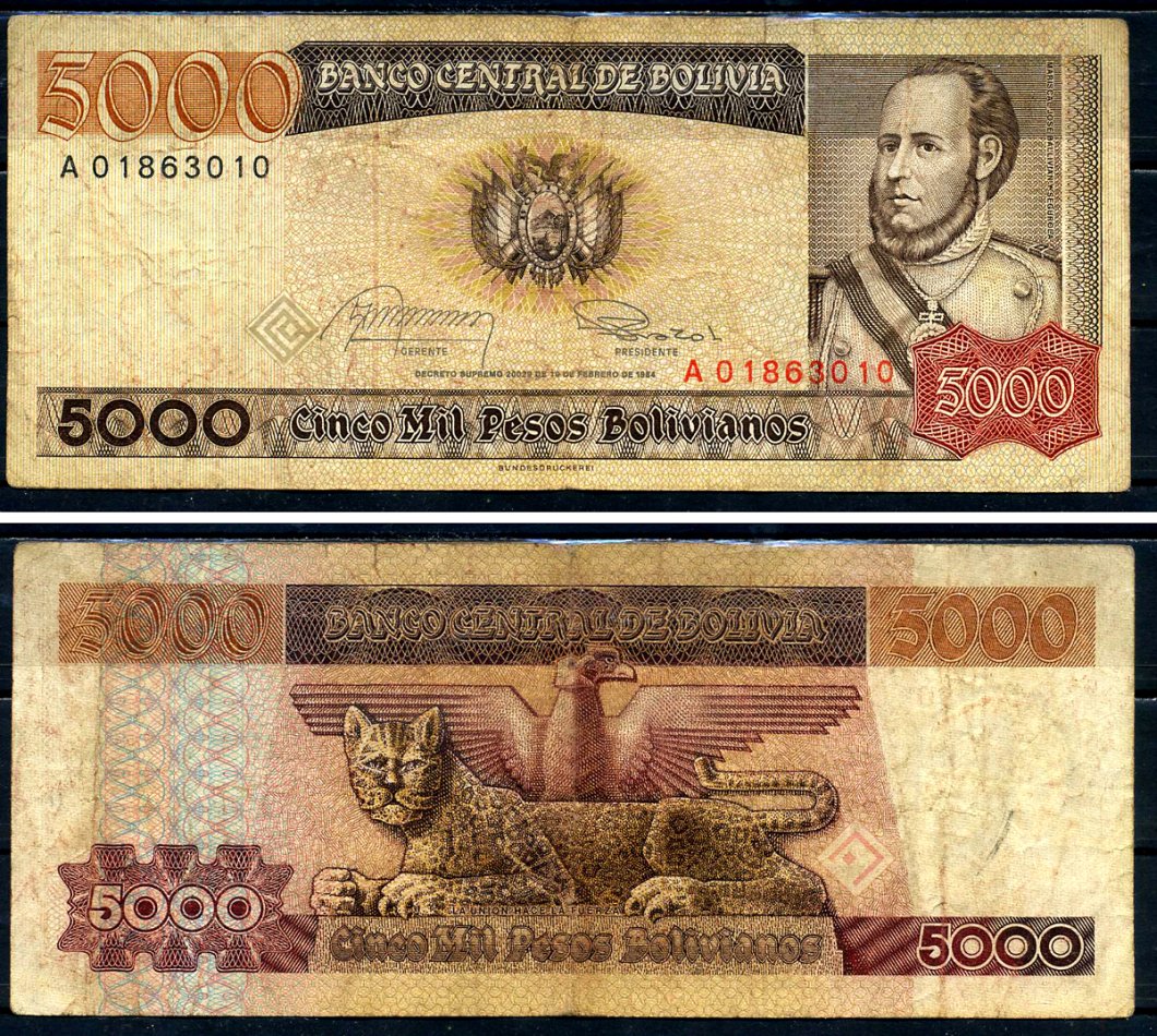 Боливия 5000 песо 1984 Хосе Бальивиан, леопард Pick 168 a (1)  бумага 2195-35-1-2