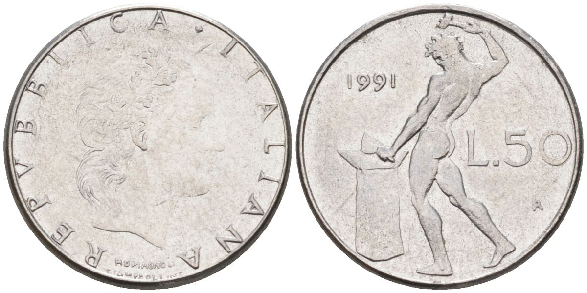 Италия 50 лир 1991 R, бог огня Вулкан у наковальни KM 95.2 нержавеющая сталь 4549-652