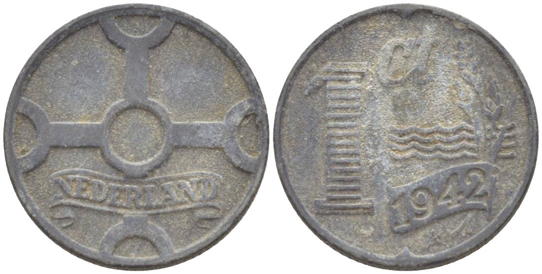 НИДЕРЛАНДЫ 1 ЦЕНТ 1942 ВИЛЬГЕЛЬМИНА I (1891-1948), ГЕРМАНСКАЯ ОККУПАЦИЯ, ВТОРАЯ МИРОВАЯ ВОЙНА KM 170 цинк 4532-1133