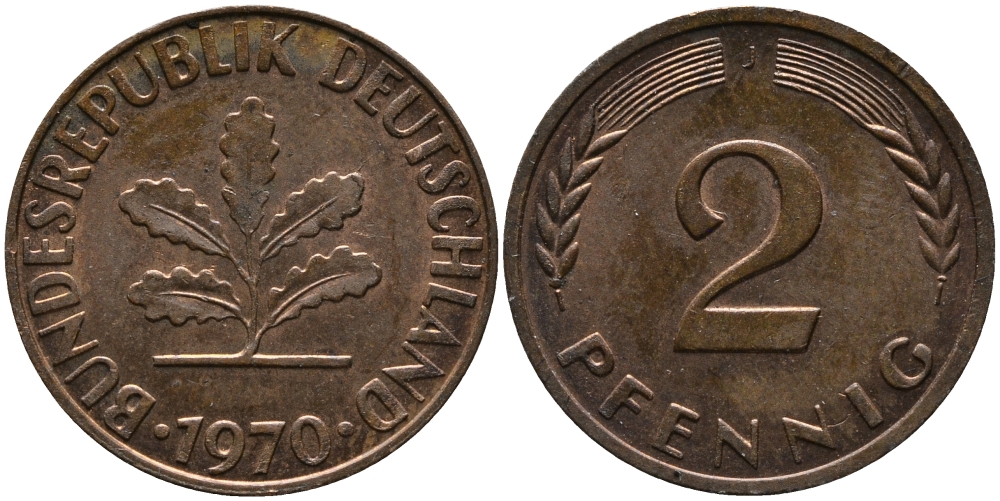 ФРГ 2 пфеннига 1970 J KM 106а, J.381а сталь плакированная медью 99-165