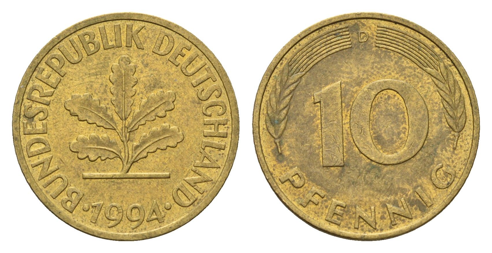 Германия 10 пфеннигов 1994 D KM 108, J. 383 сталь плакированная латунью 4684-1224