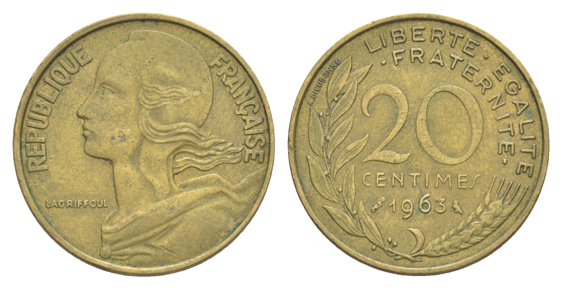 Франция 20 сантимов 1963 тип Марианна KM 930, Le Franc 156.3 алюминиевая бронза 4641-1011