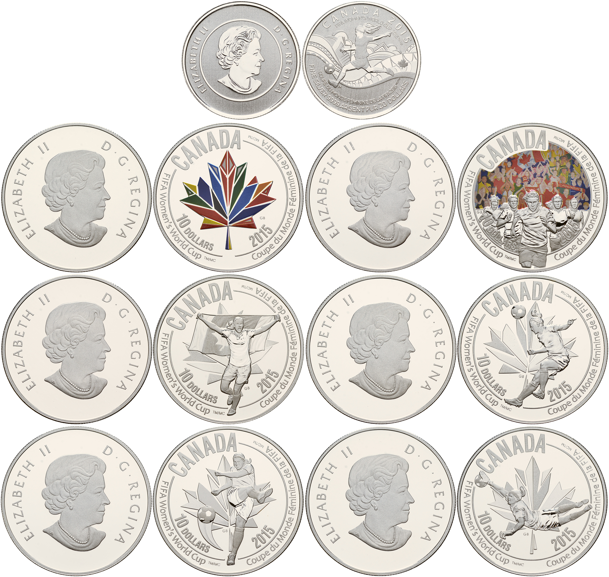 Канада набор из 7 монет 2015 FIFA, чемпионат мира по женскому футболу, в оригинальном буклете, шесть монет по 10 долларов, в оригинальных коробках, цветная эмаль KM NEW серебро PROOF 5-4-6-01