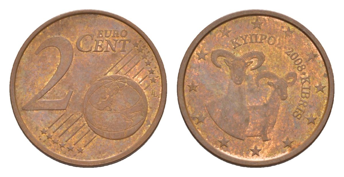 Кипр 2 евроцента 2008 KM 79 сталь плакированная медью 4630-462