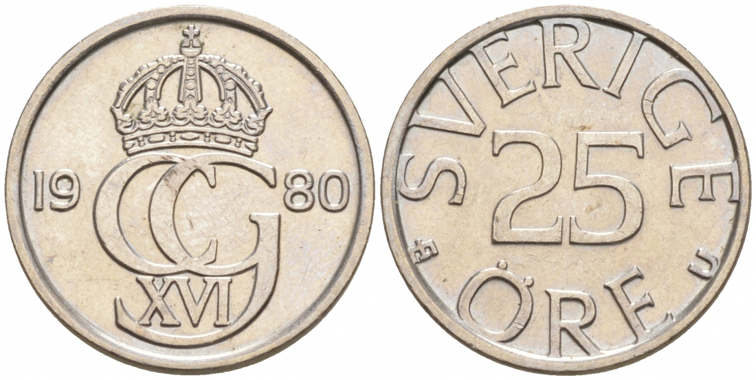 Швеция 25 эре 1980 Карл XVI Густав (1973- ) KM 851 медно-никель UNC 44-145
