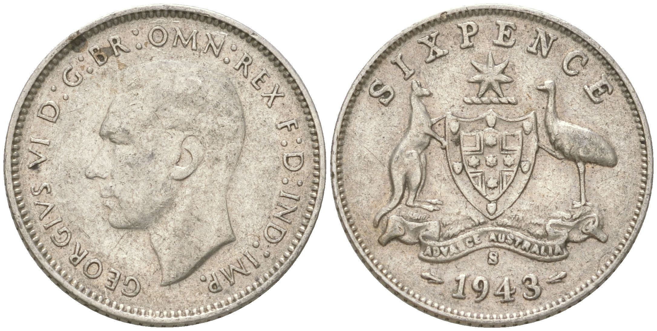 Австралия 6 пенсов 1943 S, Георг V (1936-1952) KM 38 серебро 4623-233