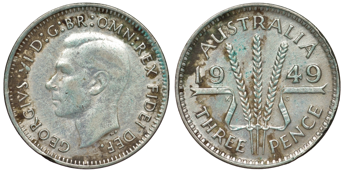 Австралия 3 пенса 1949 m, Георг VI (1937-1952), без букв KM 44 серебро 71-232