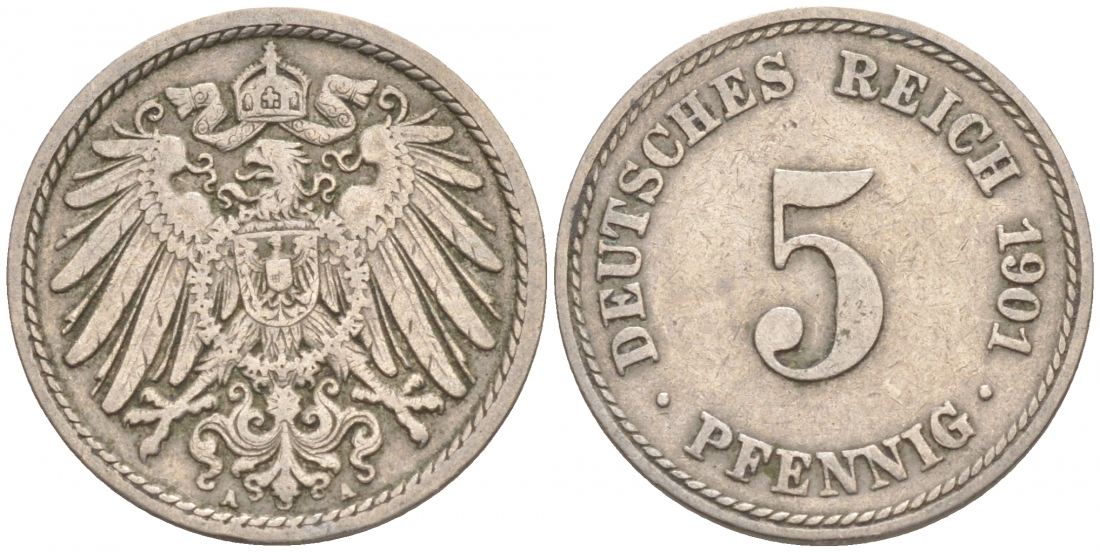 ГЕРМАНИЯ 5 ПФЕННИГОВ 1901 A, KM 11, J. 12 медно-никель 73-253