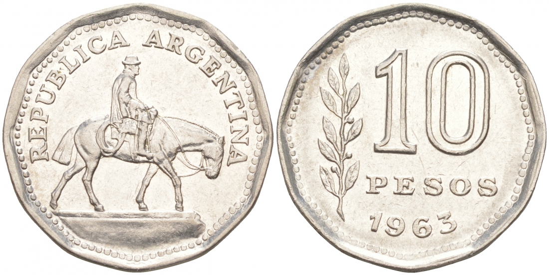 Аргентина 10 песо 1963 Гаучо KM 60 никелированная сталь 68-611