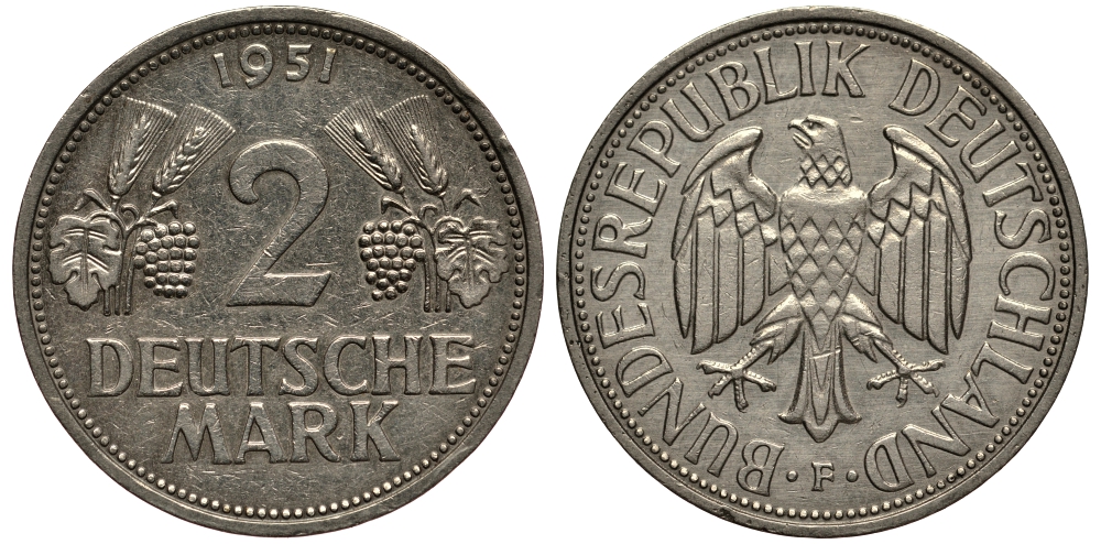 ФРГ 2 марки 1951 F J 386, KM 111 медно-никель плакированный никелем 413-2421