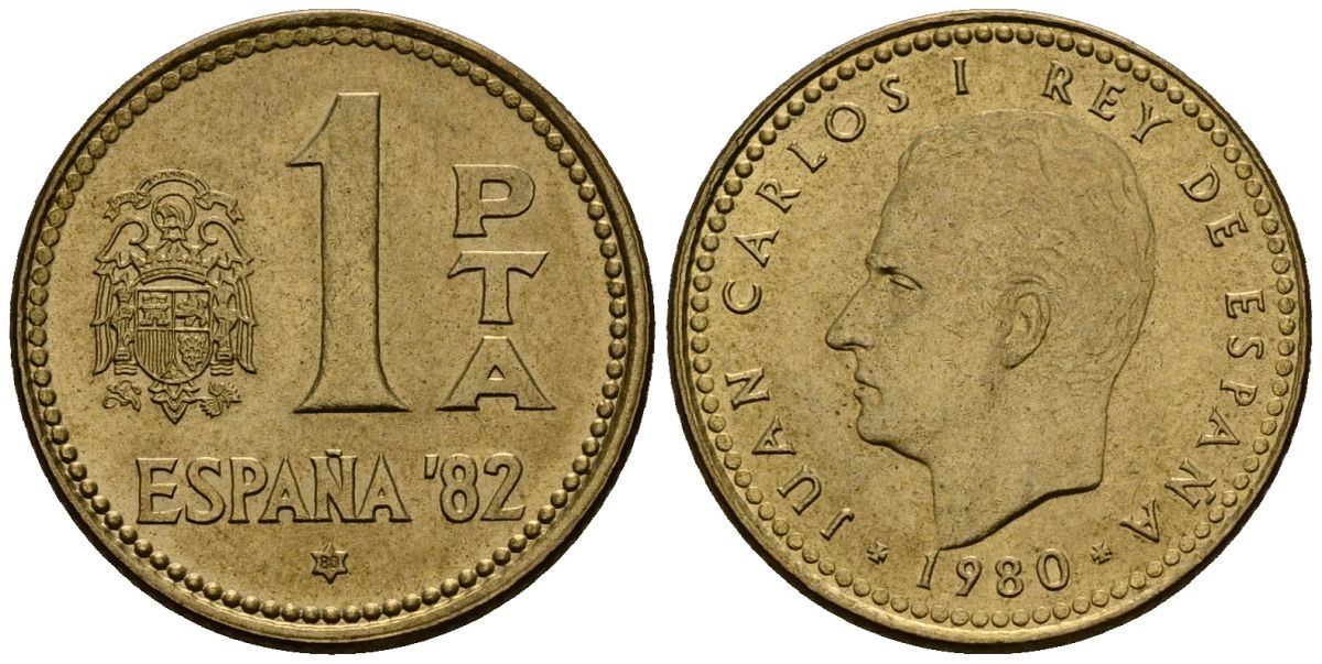 Испания 1 песета 1980 Чемпионат мира по футболу в Испании 1982 года, Хуан Карлос I (1975-2014) KM 816 алюминиевая бронза 4176-433