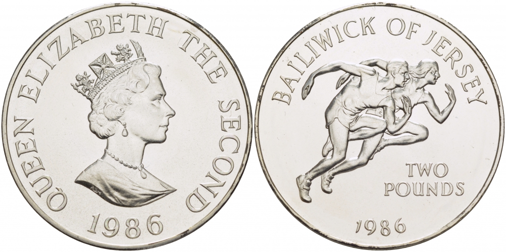 Джерси 2 фунта 1986 XIII игры Британского содружества в Эдинбурге KM 67.1a серебро UNC 1080-2-32