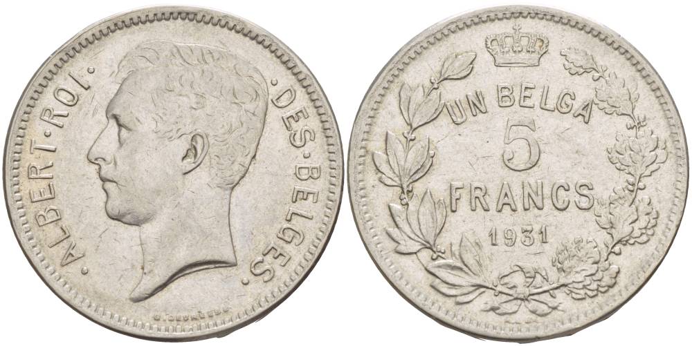 БЕЛЬГИЯ 5 ФРАНКОВ 1931 BELGES KM 97.1 никель 4536-342