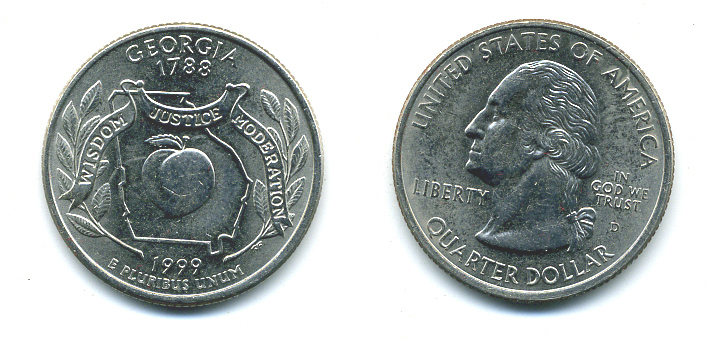 США 25 центов = квотер 1999 D, серия штаты США, Джорджия KM 296 медь плакированная медно-никелем 4388-825