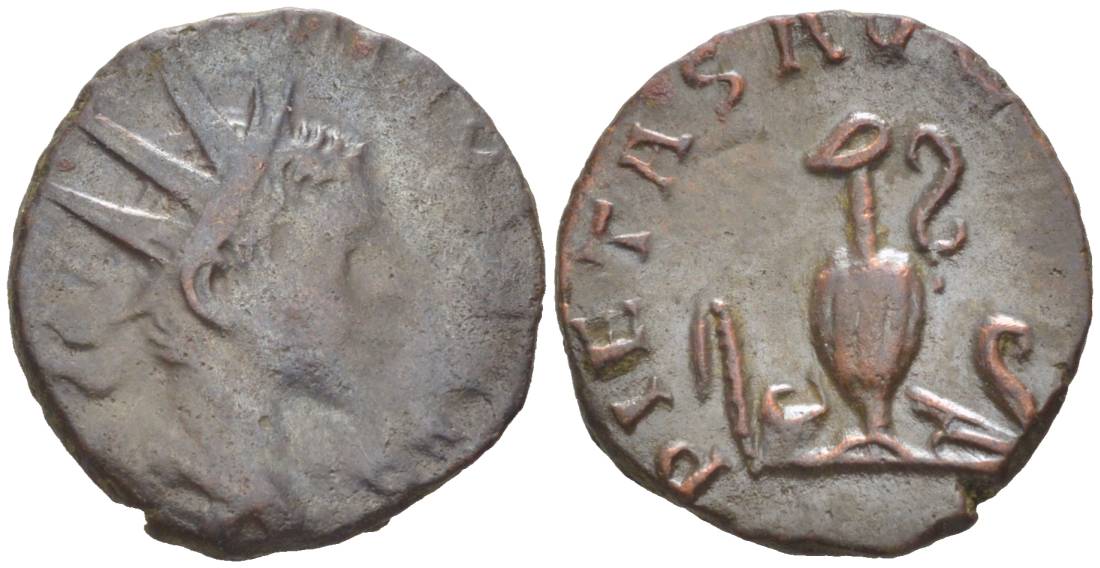 Римская Империя, императоры в Галлии антониниан 273 - 274 Тетрик II, C PIV ESV TETRICVS CAES, бюст цезаря / PIETAS AVGG, понтификальные атрибуты, Августа Треверов RIC 254 биллон 1073-20-106