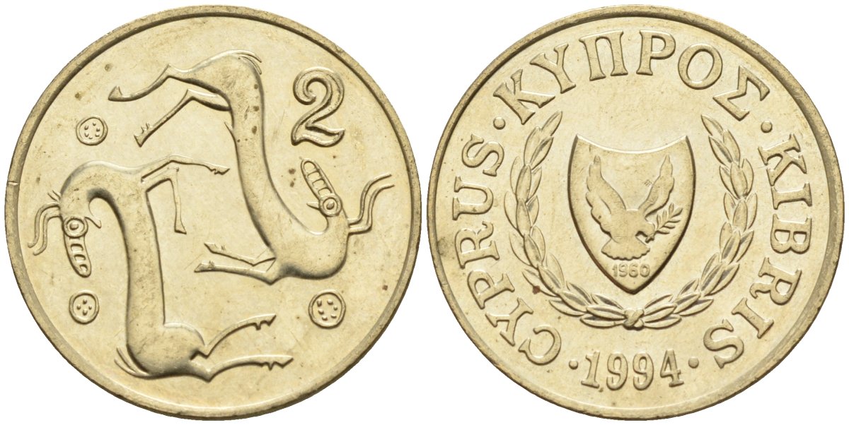 Кипр 2 цента 1994 KM 54.3 никель латунь 4596-111