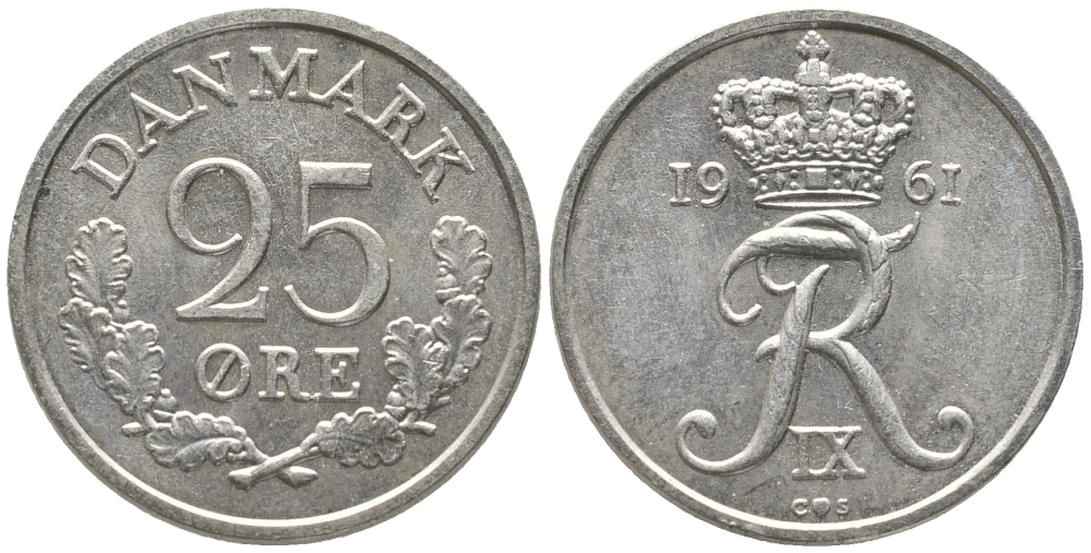 ДАНИЯ 25 ЭРЕ 1961 C; S, ФРЕДЕРИК IX (1947-1972) KM 850 медно-никель аUNC 34-524