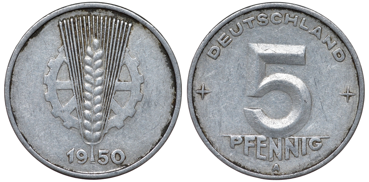 ГДР 5 ПФЕННИГОВ 1950 А алюминий 62-1141