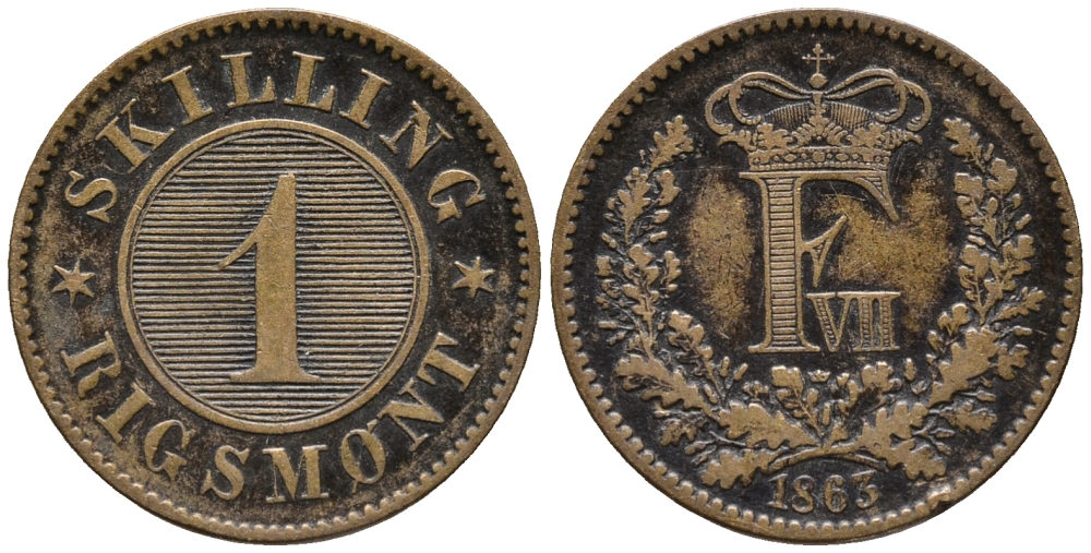 ДАНИЯ 1 СКИЛЛИНГ 1863 ФРЕДЕРИК VII (1848-1863) KM 763 (C135) бронза 67-214