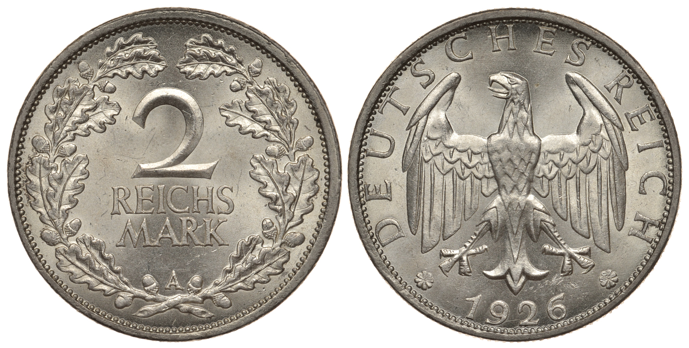 ГЕРМАНИЯ 2 РЕЙХСМАРКИ 1926 A J. 320, KM 45 серебро UNC 02-265-51