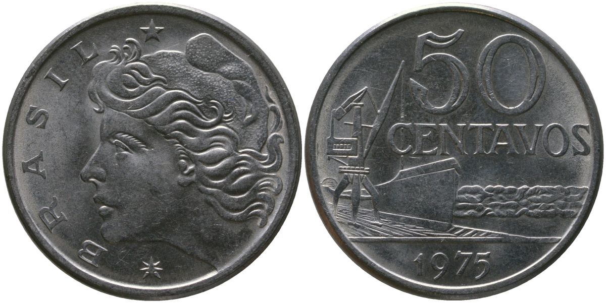 Бразилия 50 сентаво 1975 голова свободы влево KM 580a, Schon 85a нержавеющая сталь UNC 4577-824