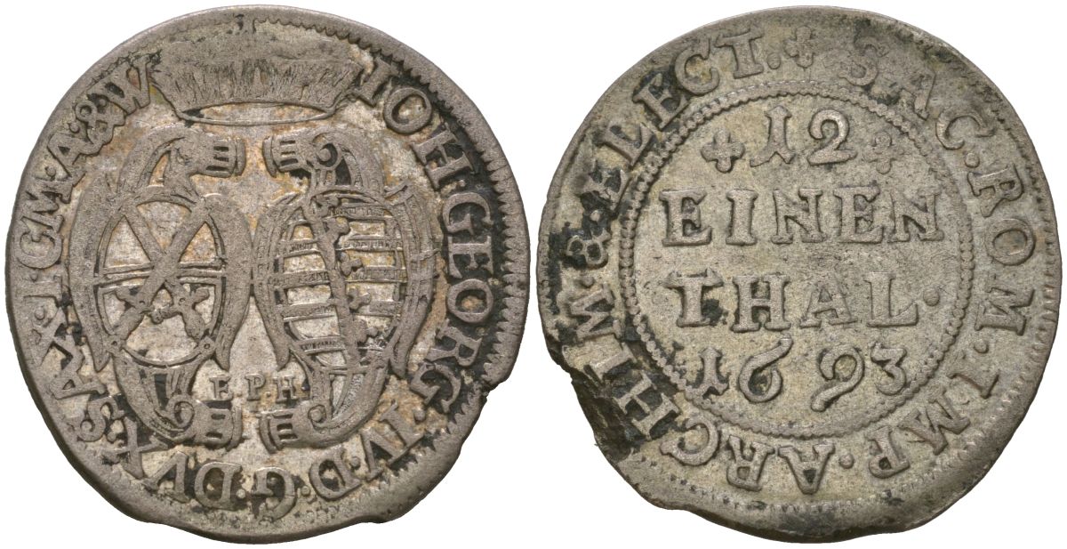 Саксония 1/12 талера 1693 EPH, Иоганн Георг IV (1691-1694), Альбертинская Линия KM 638 серебро 4584-943