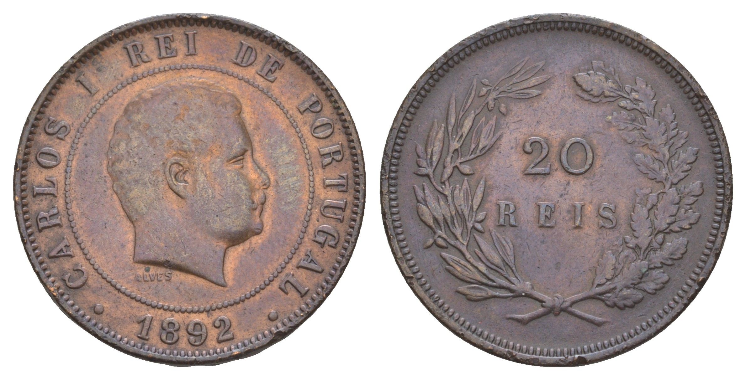 Португалия 20 реалов 1892 Карлуш I (1889-1908) KM 533 бронза 4653-633