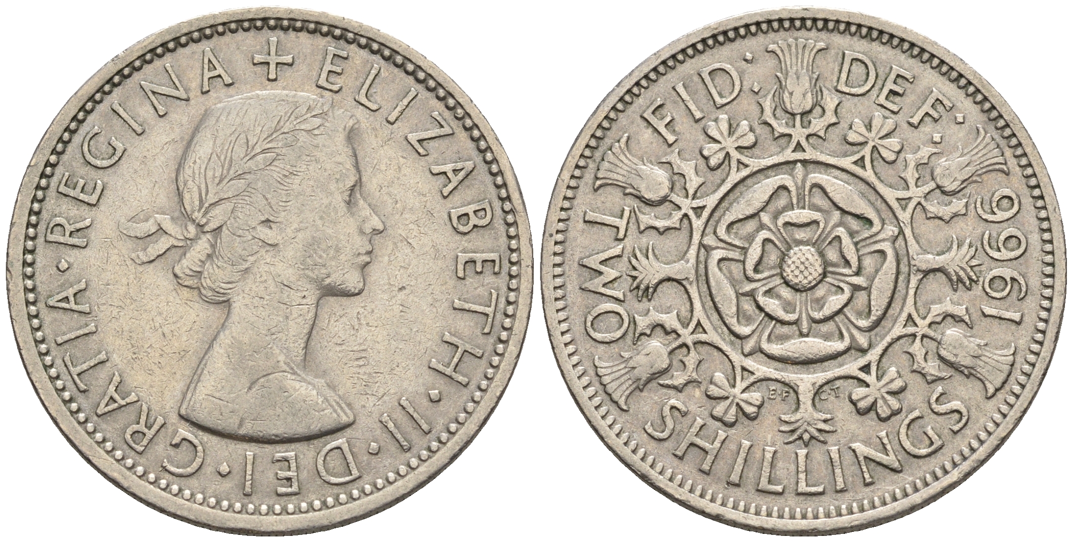 Великобритания 2 шиллинга (флорин) 1966 Елизавета II (1952-2022) KM 906, Spink 4146 медно-никель 4607-442