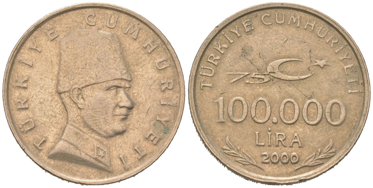 Турция 100000 лир 2000 Мустафа Кемаль Ататюрк KM 1078 медь цинк никель 4582-1235
