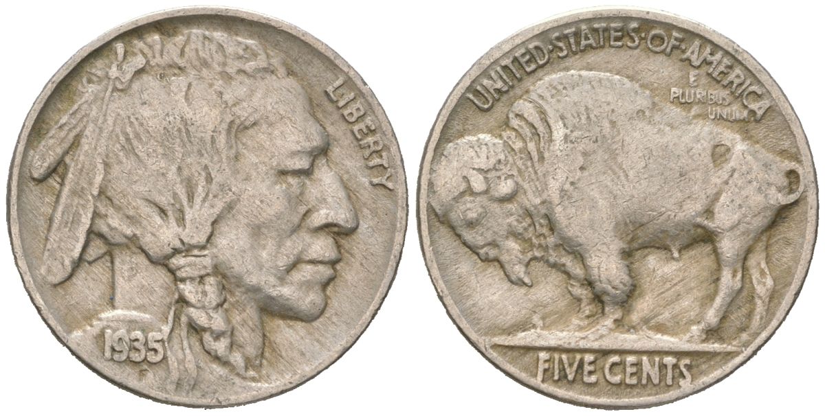 США 5 центов 1935 индеец, бизон KM 134 медно-никель 4614-1157