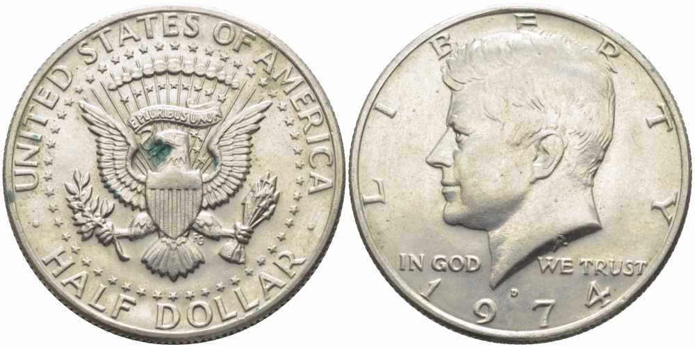 США 1/2 доллара (50 центов) 1974 D, Джон Кеннеди KM 202b медь плакированная медно-никелем 111-313