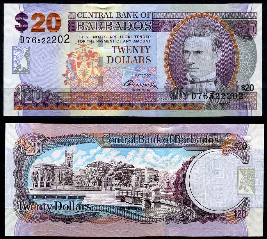 Барбадос 20 долларов 2007 Самуэль Джекман Прескод, подпись WORRELL Pick 69 b бумага UNC (пресс) 7202-6-3
