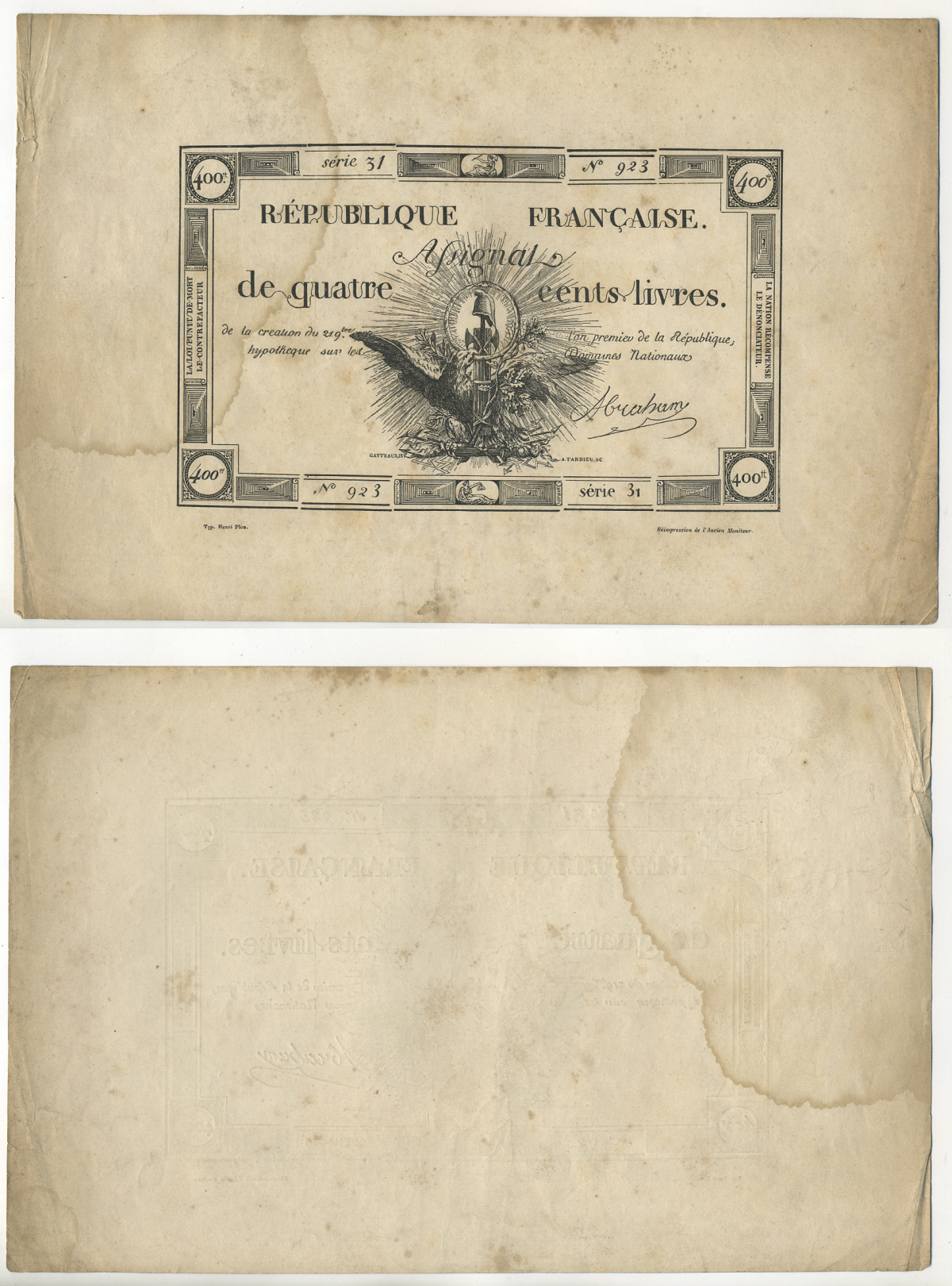 ФРАНЦИЯ 400 ЛИВРОВ 1792 21.11.1792 Pick А73 бумага 7552-19-1