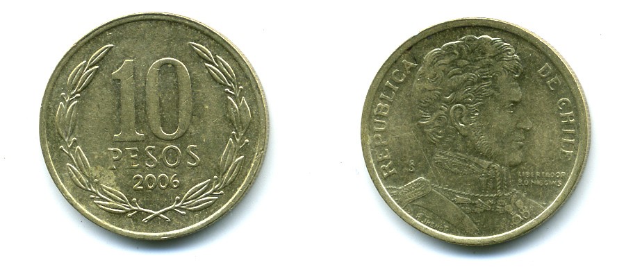 ЧИЛИ 10 ПЕСО 2006 ГЕНЕРАЛ БЕРНАРДО О ХИГГИНС KM 228.2 никель-бронза 37-262