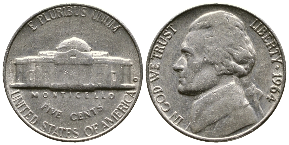 США 5 центов 1964 D, Джефферсон KM А192 медно-никель 08-913