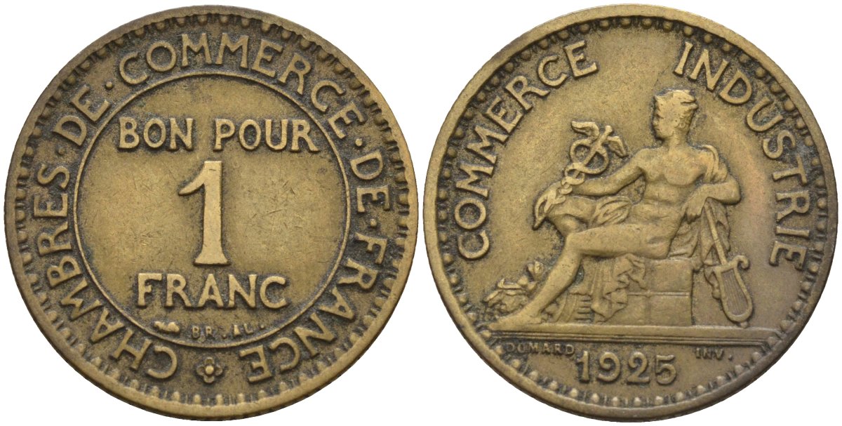 Франция 1 франк 1925 KM 876, Le Franc 218.5 алюминиевая бронза 4142-754