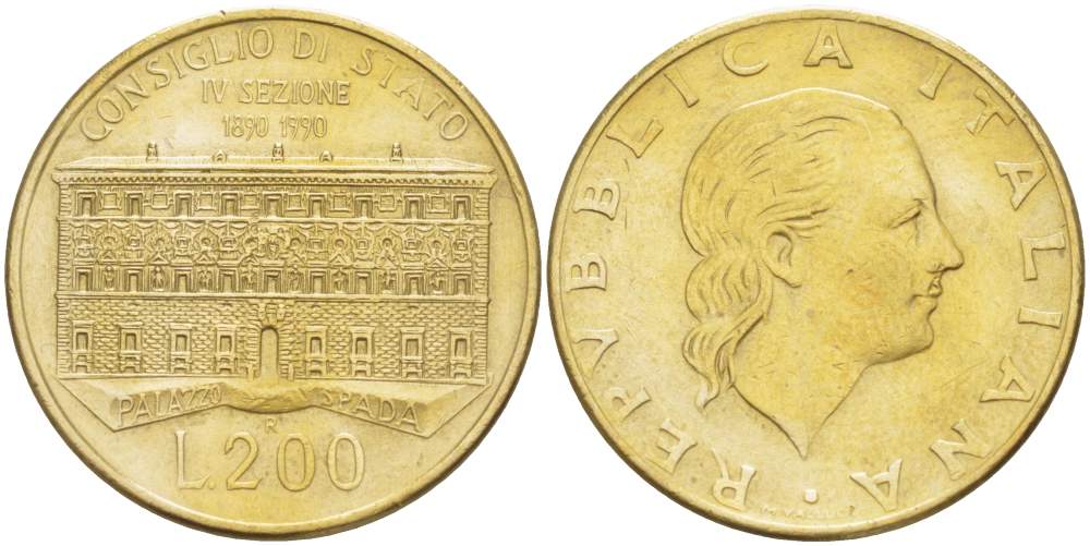 Италия 200 лир 1990 R, 100 лет государственному совету KM 135 алюминиевая бронза 4529-224