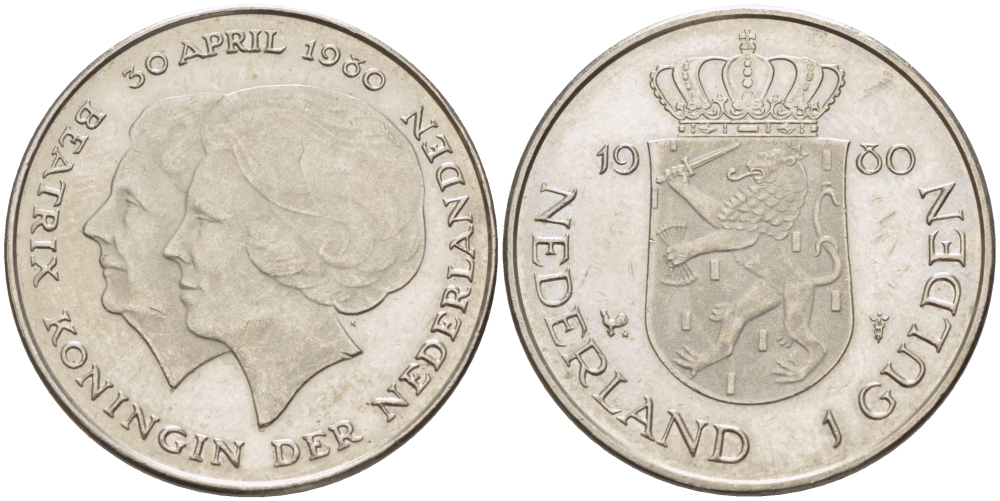 Нидерланды 1 гульден 1980 на коронацию Беатрикс, 30 апреля 1980 KM 200 никель 31-826