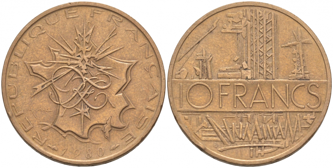 Франция 10 франков 1980 тип Матье KM 940, Le Franc 365.15-16 никель латунь 3855-731