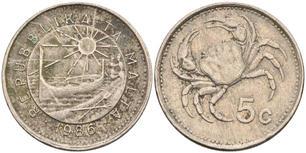 Мальта 5 центов 1986 краб KM 77 медно-никель 66-932