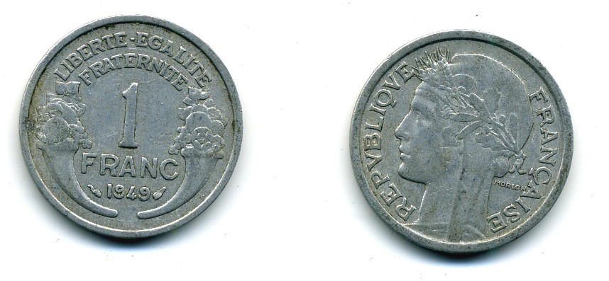 ФРАНЦИЯ 1 ФРАНК 1949 ТИП MORLON, LEGERE KM 885a 1, LE FRANC 221.15 алюминий 84-513