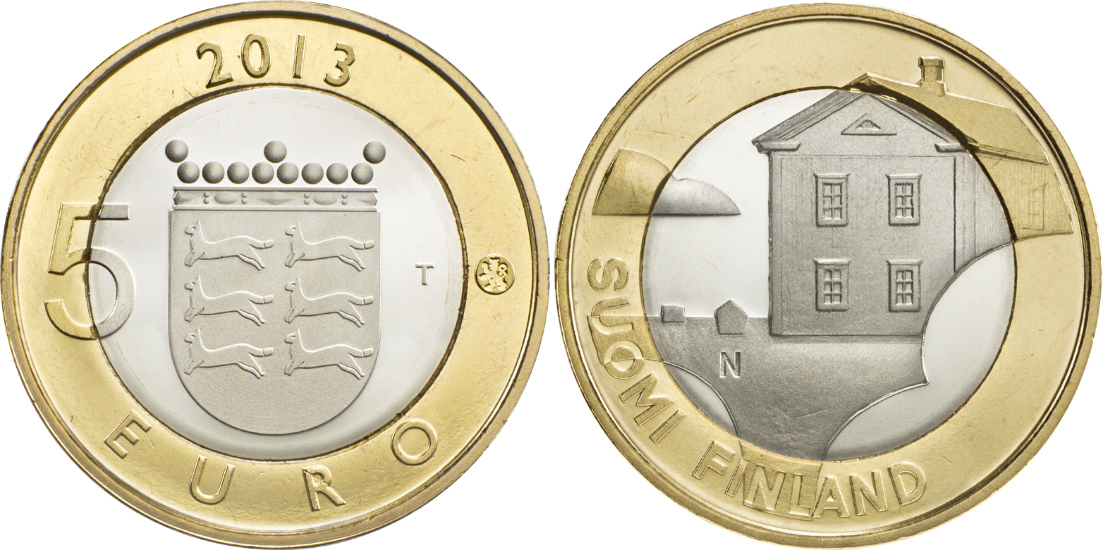 Финляндия 5 евро 2013 исторические здания, Остроботния (Похьянмаа), жилой дом KM 205 биметалл UNC M10-17