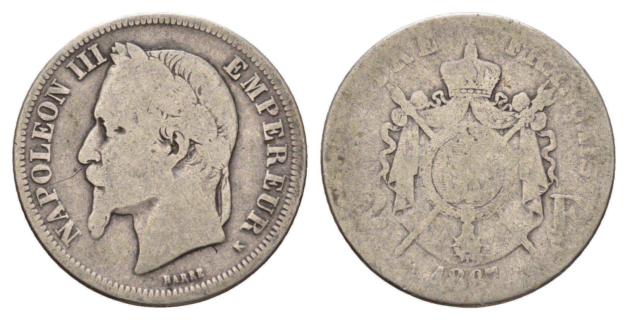 Франция 2 франка 1867 K, Наполеон III (1852-1870) KM 807.3 серебро 5010-2012