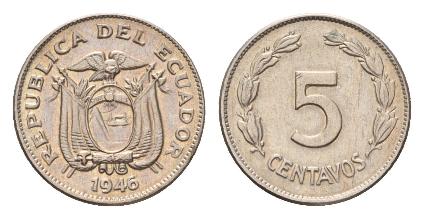 Эквадор 5 сентаво 1946 год-тип KM 75b медно-никель aUNC 4669-645
